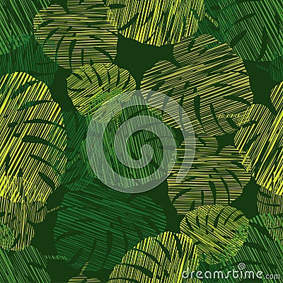 Monstera seamless background. Seamless pattern with decorative leaves. Scribble texture. Stock Photo
