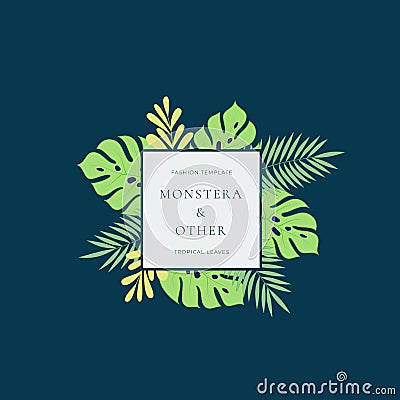 Monstera Tropical Leaves Fashion Sign or Logo Template. Abstract Green Foliage with Square Border and Classy Typography Vector Illustration