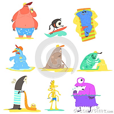 Monsters On The Beach Illustration Collection Vector Illustration