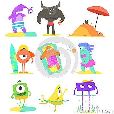 Monsters On The Beach Illustrations Set Vector Illustration