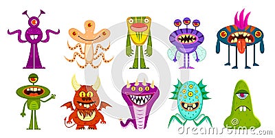 Monsters. Cute goblins and gremlins, scary aliens. Halloween funny trolls cartoon characters vector set Vector Illustration