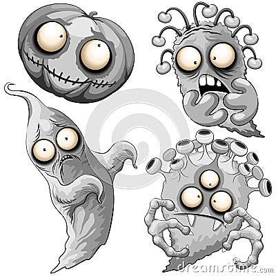 Monsters Halloween Creepy Cute and Funny Vector Cartoon Characters, set of 4 isolated on white Vector Illustration