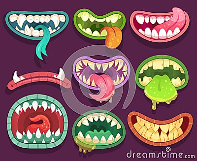 Monsters mouths. Halloween scary monster teeth and tongue in mouth. Funny jaws and crazy maws of bizarre creatures Vector Illustration