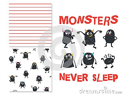 Monsters never sleep. Surface design and 2 seamless patterns Vector Illustration