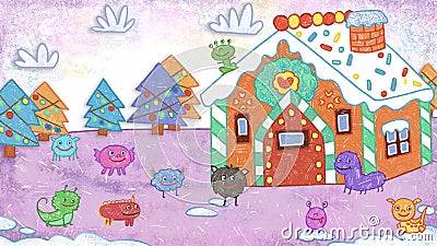 Monsters Outside of a Gingerbread House. Winter Christmas Holiday Season Crayon Drawing and Doodling Hand-drawn Illustration. Stock Photo