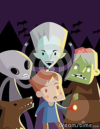 Monsters scaring a boy in the night Stock Photo