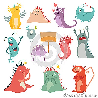 Monsters vector set. Kids cartoon toy, colorful cute character Vector Illustration