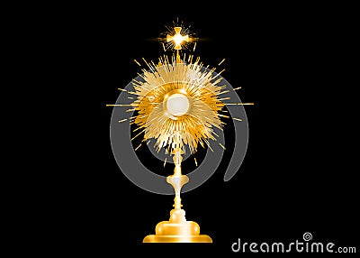 Monstrance Gold Ostensorium used in Roman Catholic, Old Catholic and Anglican ceremony traditions. Benediction of the Blessed Sign Vector Illustration