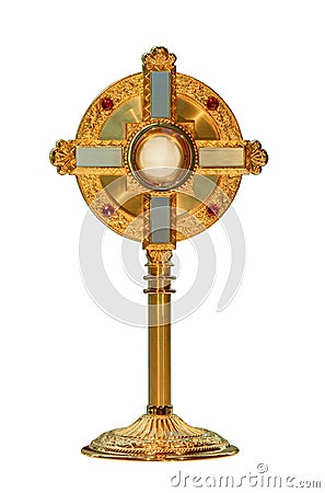 Monstrance or ostensorium displaying the consecrated host, the Body of Christ Stock Photo