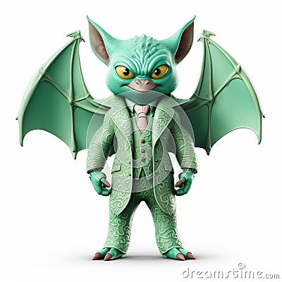 Monstrous Surrealism: A Detailed Maya Render Of A Green Bat In A Suit Stock Photo