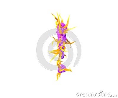 Exclamation point isolated on white made of purple alien flesh and yellow tentacles - space alphabet for space invaders concept, Cartoon Illustration