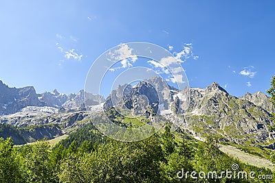 Mont Blanc massif, Planpincieux glacier, seen from Val Ferret Stock Photo