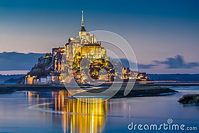 Mont Saint-Michel in twilight at dusk, Normandy, France Stock Photo