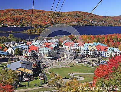 Mont Tremblant funicular and lake in autumn, Quebec Stock Photo