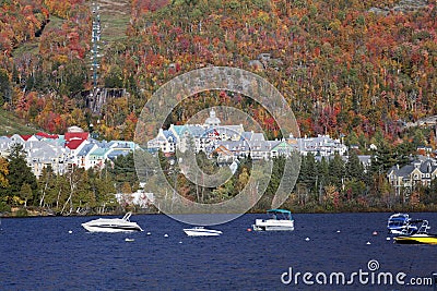 Mont Tremblant lake and village with autumn colors, Quebec Stock Photo