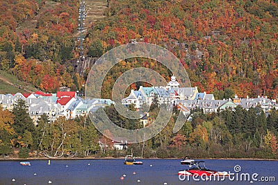 Mont Tremblant lake and village with autumn colors, Quebec Stock Photo