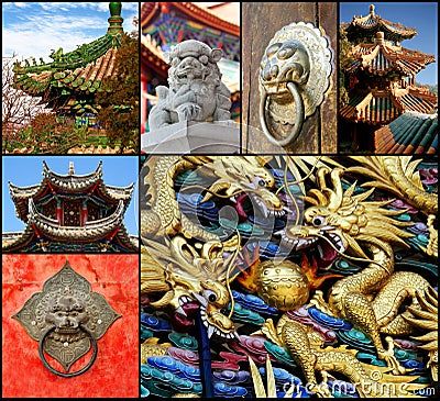 Collection of Details from Chinese Buddhist Temples Stock Photo