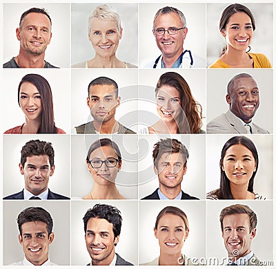 Montage, face collage or portrait of happy people in a community group or society with career success. Profession Stock Photo