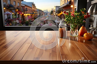 Montage-friendly wood table top with a blurred kitchen room background Stock Photo