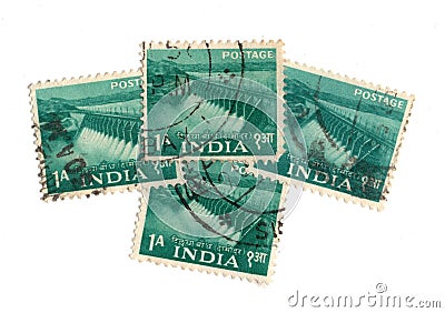 A montage of green 1A postage stamps from India. Editorial Stock Photo