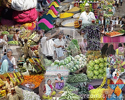 Montage - India Markets, food and people Editorial Stock Photo