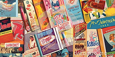 Montage of vintage advertisements magazines and posters with bright and bold colors, concept of Nostalgic nostalgia Stock Photo