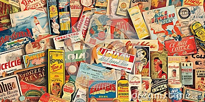 Montage of vintage advertisements magazines and posters with bright and bold colors, concept of retro style and Stock Photo