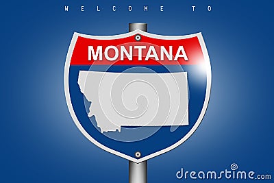Montana map on highway road sign over blue background Stock Photo