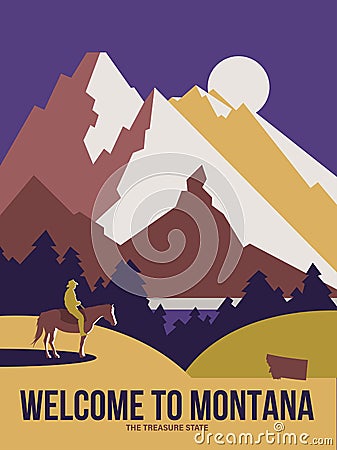 Montana state on a vector poster with the American cowboy on the horse Vector Illustration