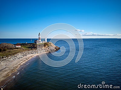 Montauk Lighthouse and beach aerial shot Stock Photo