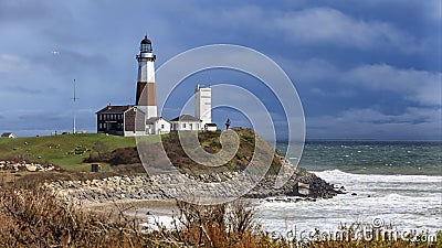 Montauk Point Lighthouse with cliffs Stock Photo