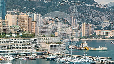 Monte Carlo city aerial panorama timelapse. View of luxury yachts and buildings in harbor of Monaco, Cote d'Azur. Editorial Stock Photo