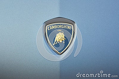 Lamborghini gray luxury car logo with golden bull in a summer day in Monte Carlo, Monaco Editorial Stock Photo