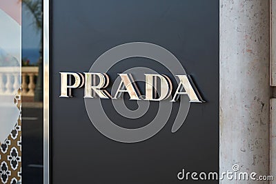 Prada fashion luxury store silver sign in Monte Carlo, Monaco Editorial Stock Photo