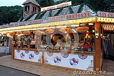 Illuminated Christmas Fair Kiosk Market Stall Selling French Dessert Crepes Editorial Stock Photo