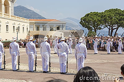 Changing of guard, soldiers in beautiful white military uniform of Palais Square of Monaco, Editorial Stock Photo