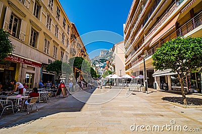 Monte Carlo, Monaco - June 21, 2018. Promenade with restaurants Editorial Stock Photo