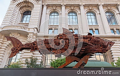 Model sharks made of rusted parts in the museum of Oceanograph Editorial Stock Photo