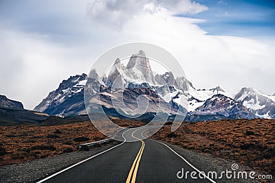 Monte Mount fitz roy, in El Chalten, Argentina, seen from the road. snow covered peaks of Mt. Fitzroy, Argentina. Stock Photo