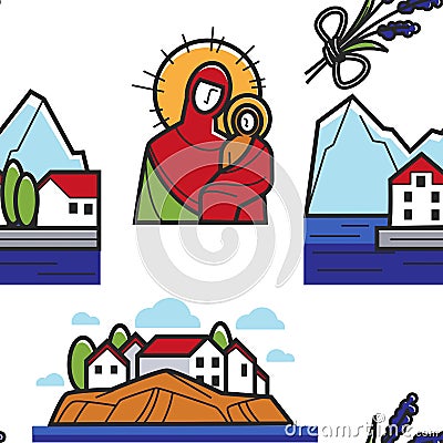Montenegrin landscape house and mountains holy icon seamless pattern Vector Illustration