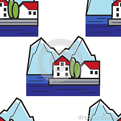 Montenegrin landscape seamless pattern house on shore and mountains Vector Illustration