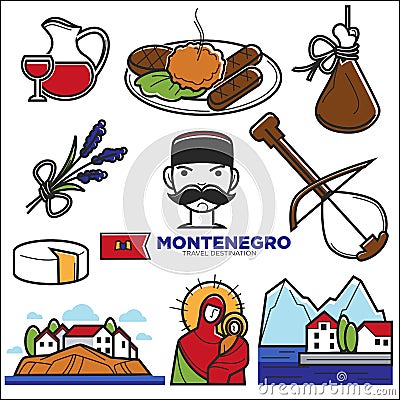 Montenegro culture and landmarks vector icons Vector Illustration