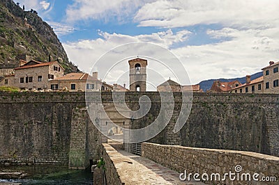 Montenegro . Old Town of Kotor. View of northern walls of ancient fortress and River Gate Stock Photo