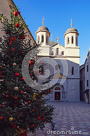 Montenegro, Old Town of Kotor. Winter view of Orthodox Church of St. Nicholas Stock Photo