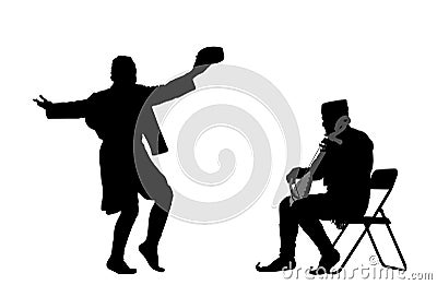 Montenegro traditional wedding dance Oro and Balkan music player and singer guslar play gusle vector silhouette. Vector Illustration