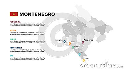 Montenegro vector map infographic template. Slide presentation. Podgorica, Kotor, Budva, Herceg Novi, Bar. Europe Vector Illustration