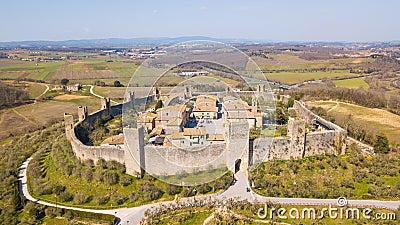 Monteriggioni, Siena, Italy. Drone aerial landscape of the wonderful medieval village. Tuscany, Italy Editorial Stock Photo