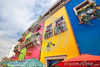 Monterrey, Mexico-9 December, 2018: Colorful historic buildings in the center of the old city Barrio Antiguo at a peak tourist Editorial Stock Photo