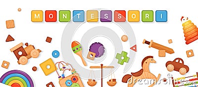Montessori banner design template, Montessori text on rainbow cubes and toys for kids Vector Illustration