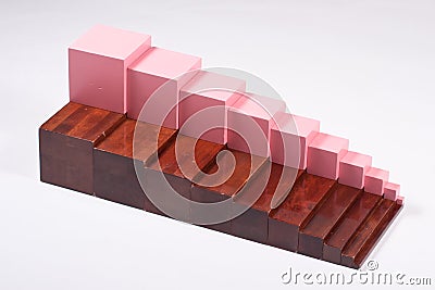 Montessori Learning Materials: Brown Stairs and Pink Tower Stock Photo